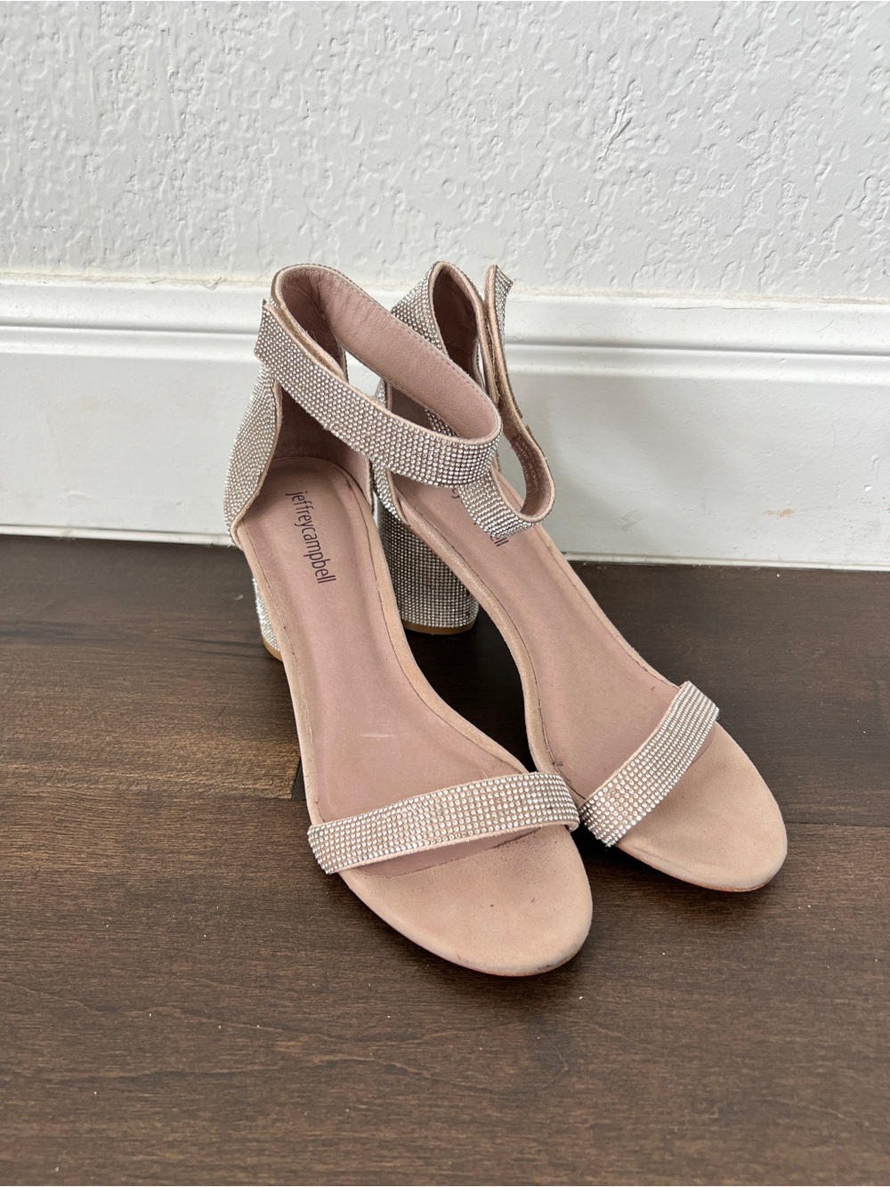 Jeffrey Campbell Blush Rhinestone Strap Block Heel Sandals